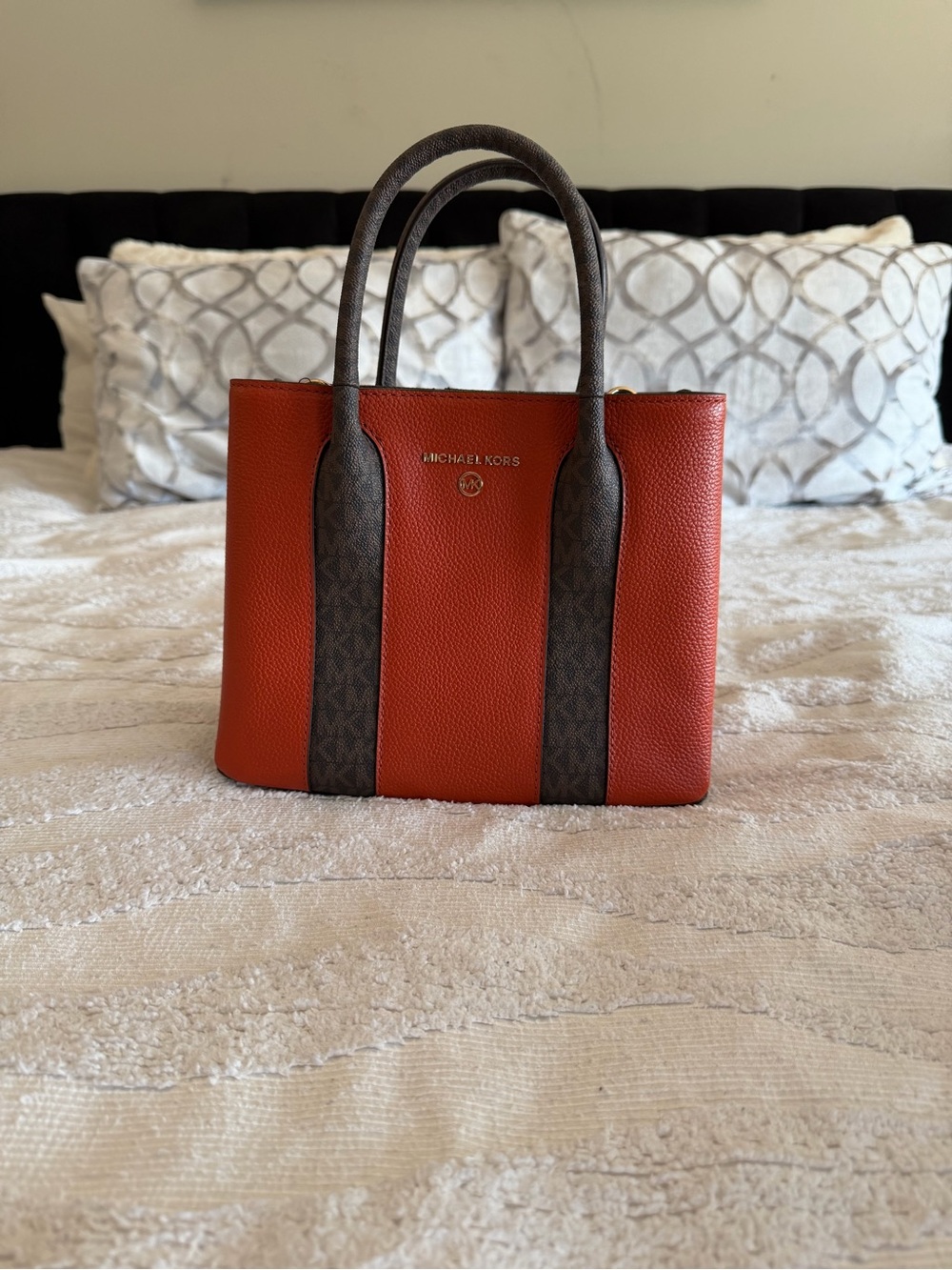 Michael Kors Orange and Brown Logo-Trim Leather Tote